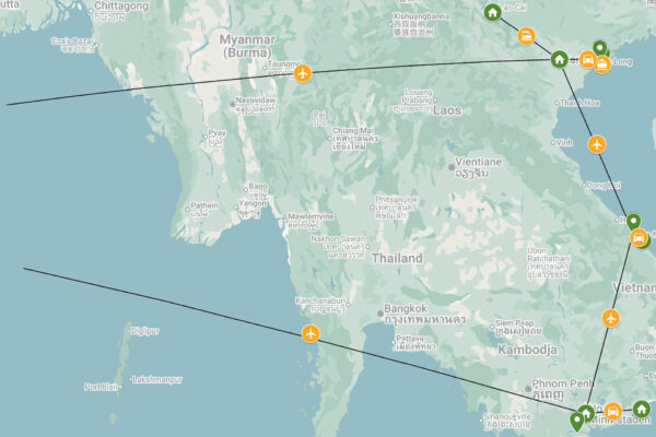 Resrutt via karta Vietnam från norr till söder
