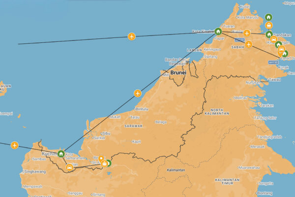 Sarawak och Sabah med naturupplevelser och dykning | Kenzan Travel Resrutt via kartan för resan Sarawak och Sabah med naturupplevelser och dykning