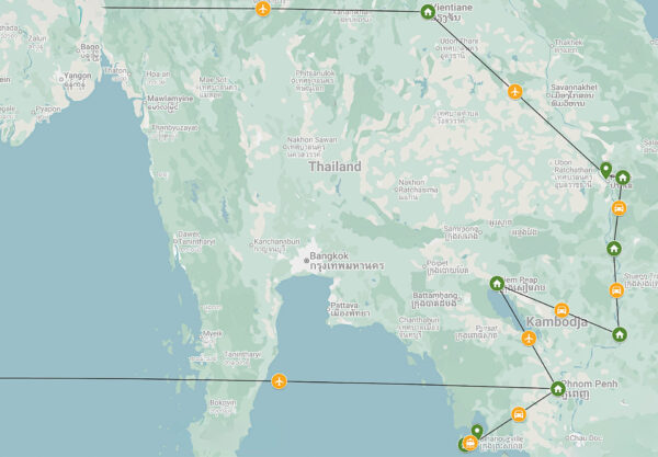 Resa till Kambodja och Laos resrutt via karta
