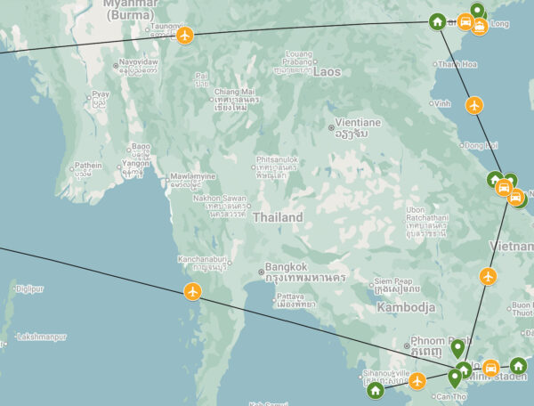 Resrutt via karta Klassiska Vietnam