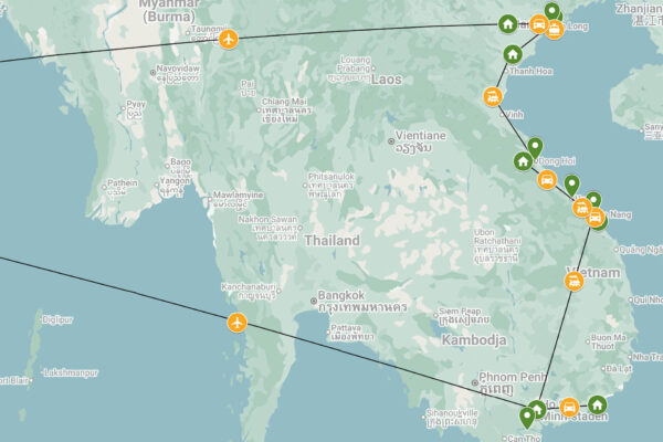 Resrutt via kartbild för resan Genom Vietnam med tåg