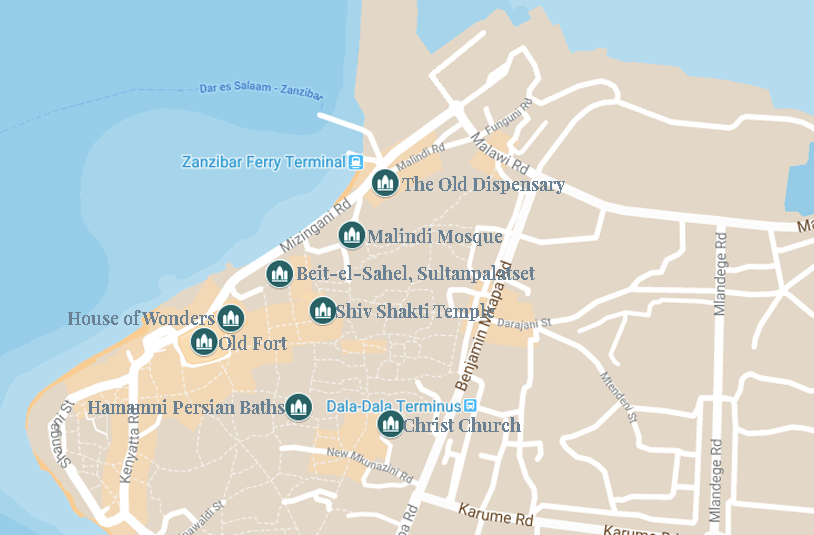 Karta över arkitoniska sevärdheter i Stone Town, Zanzibar, se & göra i Stone Town