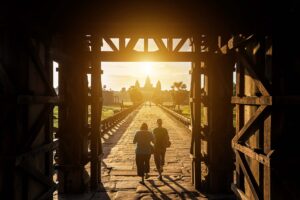 Kambodja, Siem Reap, Angkor Wat, the morning sunrise at entrance west gate to angkor wat at siem