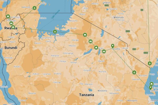 Resrutt för resa som tar dig till Rwanda, Uganda, Tanzania och Zanzibar. En makalös resa med möte med gorillor, historia och kultur, safari i Serengeti och Ngorongoro med skön avslutning på Zanzibar.