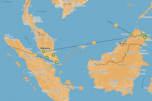 Singapore Malaysia Borneo | Kenzan Travel Resrutt via kartan för kombinationsresan Singapore, Malaysia och Borneo